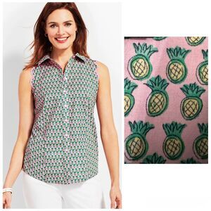 TALBOTS Womens Size 2 Dancing Pineapples No-Iron Shirt Blouse Breathable Cotton